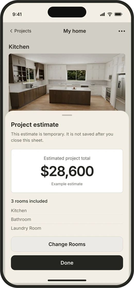 Example $28,600 estimate for a kitchen, bathroom, and laundry room.